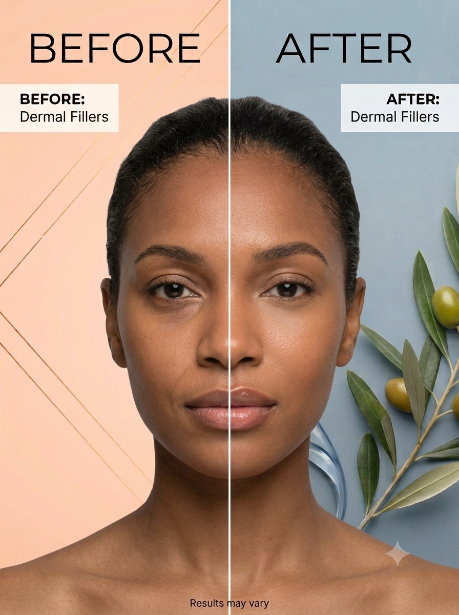 Comparison of a woman's face before and after dermal filler treatment, with a split showing the difference in facial appearance.