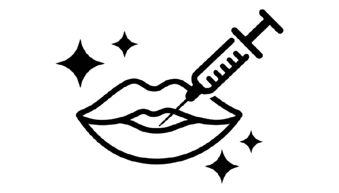 Outline drawing of lips with a syringe above them and sparkles surrounding.