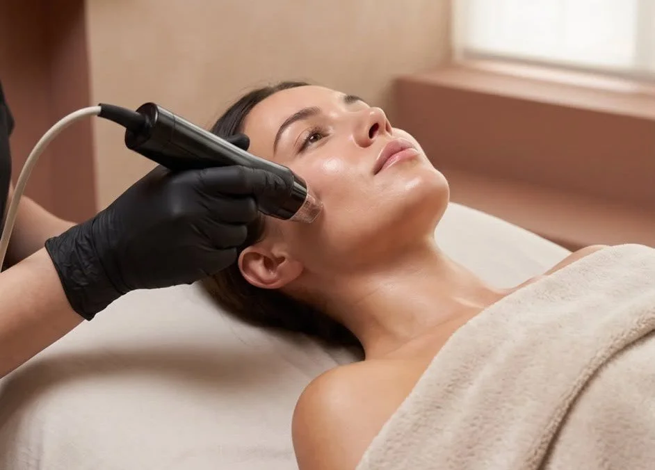 A woman receiving a facial treatment with a handheld device while lying on a treatment bed.