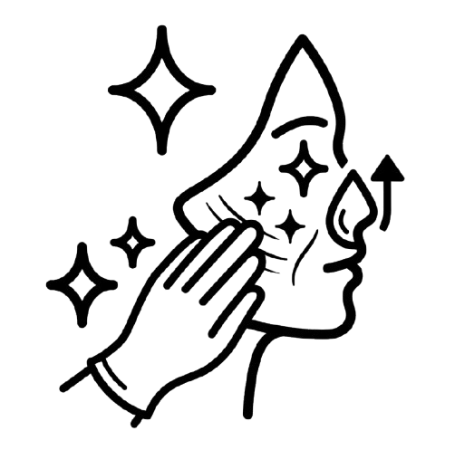 Line drawing of a face profile with a hand covering the mouth, surrounded by sparkles and stars.