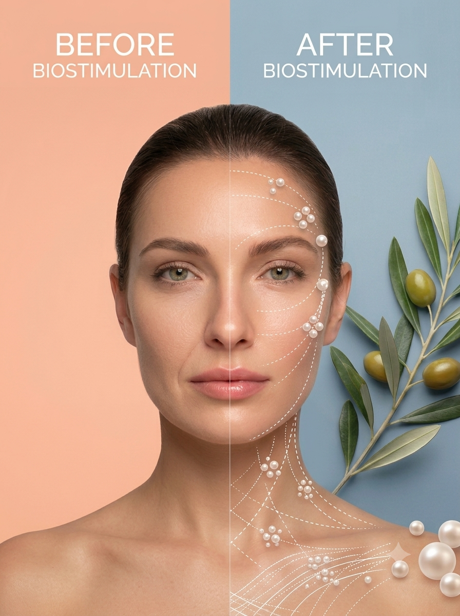 A split view of a woman’s face showing a before and after comparison of biostimulation; the left side signifies 'before' with aged skin, and the right side signifies 'after' with improved skin, depicted with various white dotted lines, pearls, and an olive branch on the right side.