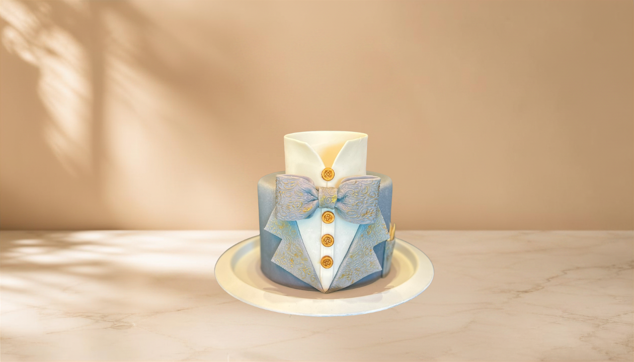 Cake decorated to look like a tuxedo with a bow tie, buttons, and collar, on a round white plate.