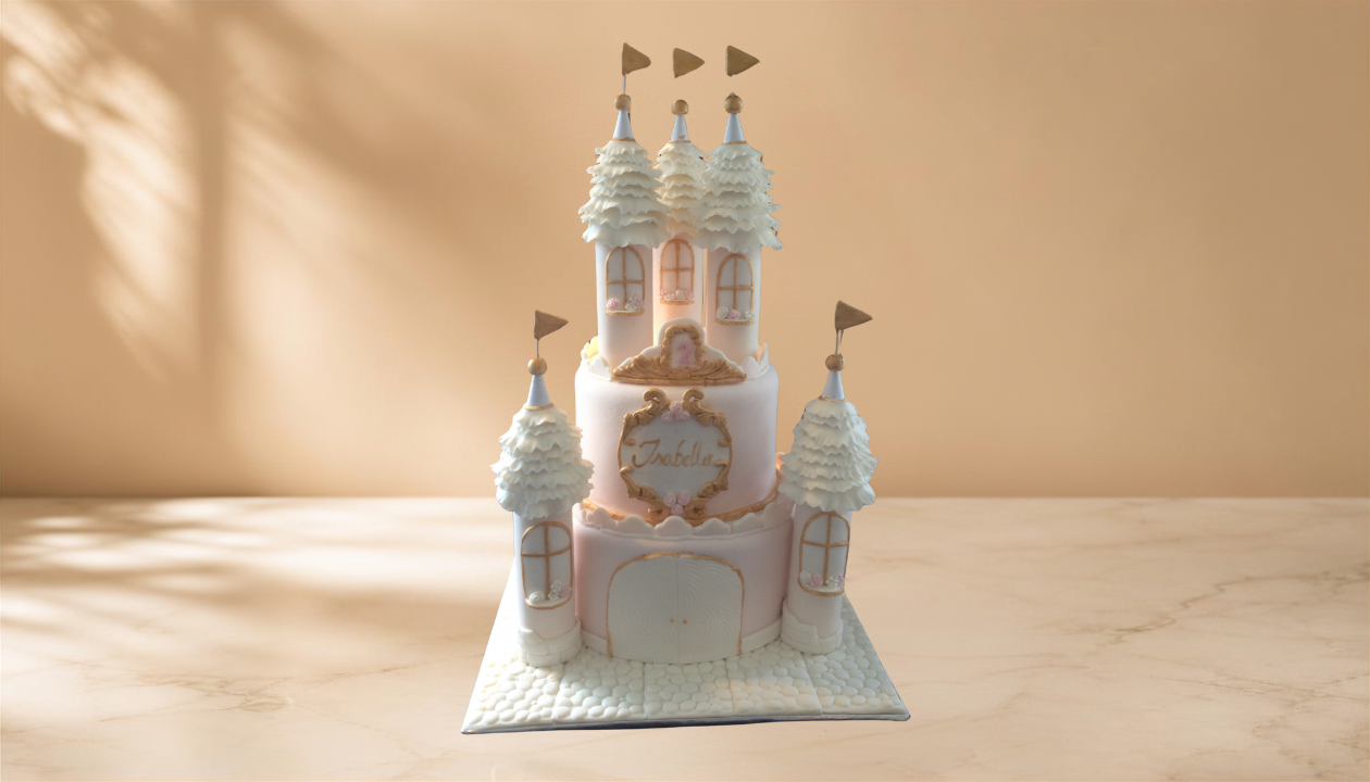 A pink and white castle-shaped cake with turrets, flags, and decorative flowers, with the name 'Isabella' on a golden plaque.