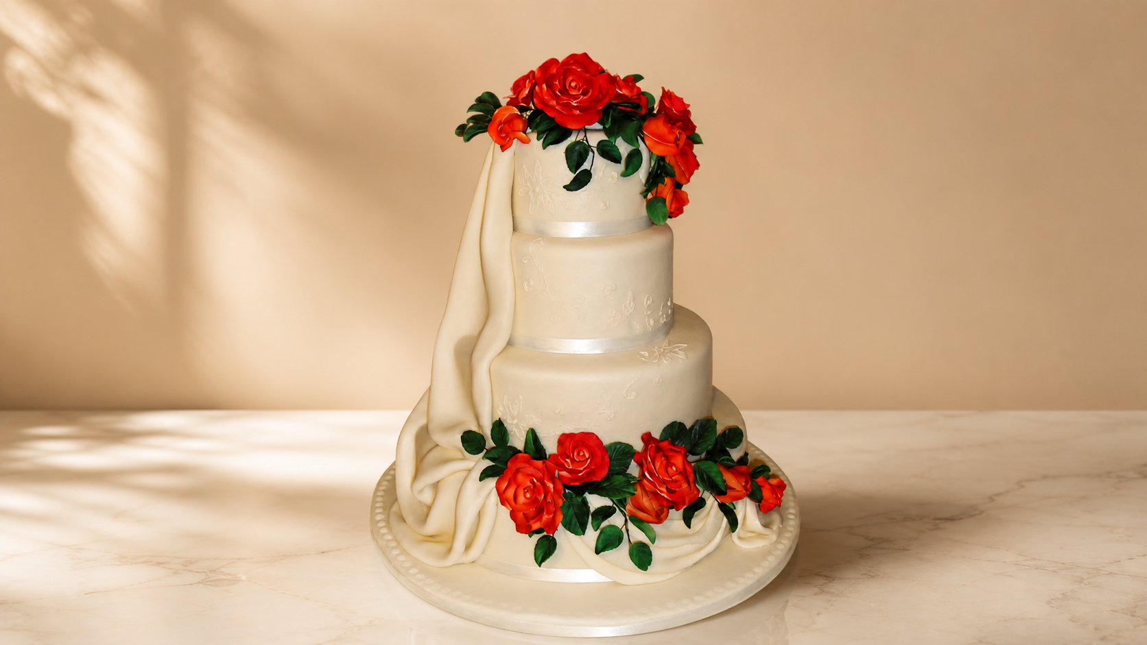 A three-tiered wedding cake decorated with red roses and green leaves, with a white drape cascading from the top tier, placed on a marble surface with a neutral background.