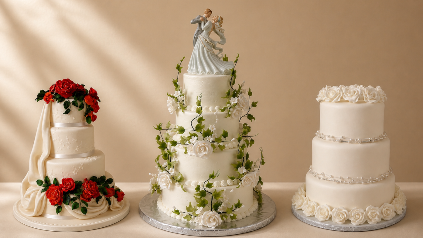 Three wedding cakes with decorative flowers. The left cake has red and green flowers, the middle cake has white flowers and ivy with a topper of a bride and groom. The right cake has white roses and pearl-like decorations.