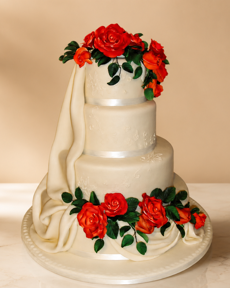 A three-tiered wedding cake decorated with red roses, green leaves, and white fondant drapes, with delicate floral and butterfly patterns on the tiers.