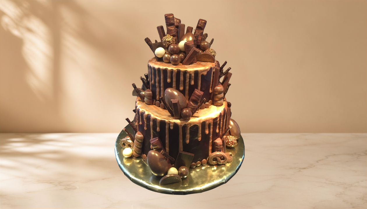 Two-tier chocolate cake decorated with various chocolates and gold accents, with a drip icing design, on a round metallic cake board.