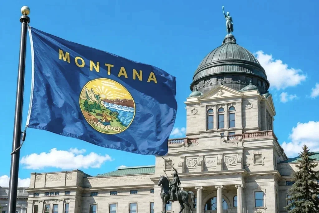 The Montana state flag flying in front of a historic government building with a dome and a statue on top, and a statue of a mounted figure in front.