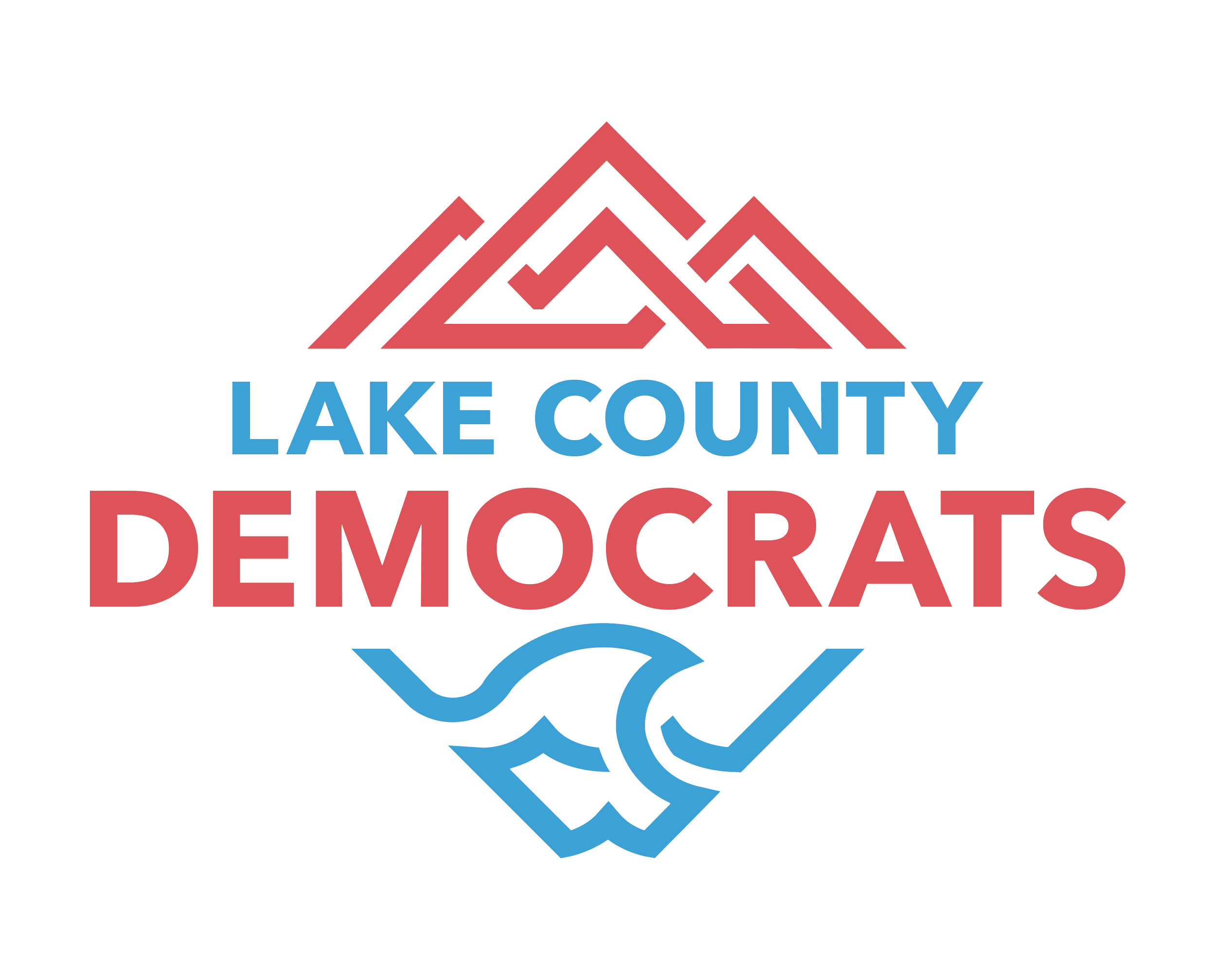 The logo of Montana's Lake County Democrats featuring a mountain with red lines and blue lines below forming water and waves and the words "LAKE COUNTY DEMOCRATS" written below in blue.