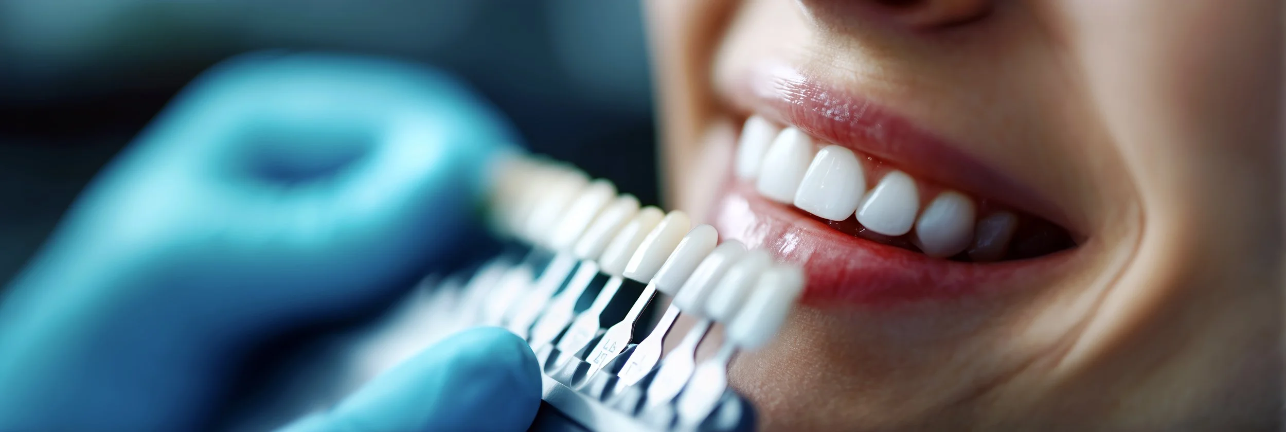 Close-up of a person smiling with white teeth during a dental color matching procedure using shade guide.