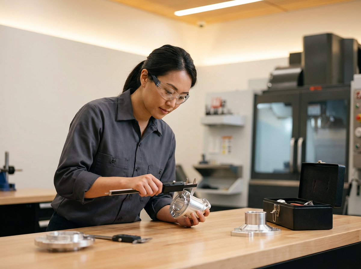 A woman in safety glasses and a gray shirt measures a metal component with a caliper in a workshop with various machines.