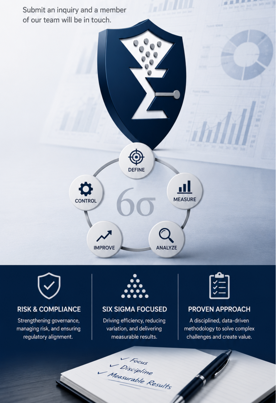 A graphic illustrating Six Sigma process with a shield symbol, featuring steps: define, measure, analyze, improve, control. Additional text highlights risk and compliance, Six Sigma focus, and proven approach, with a notepad and pen at the bottom.