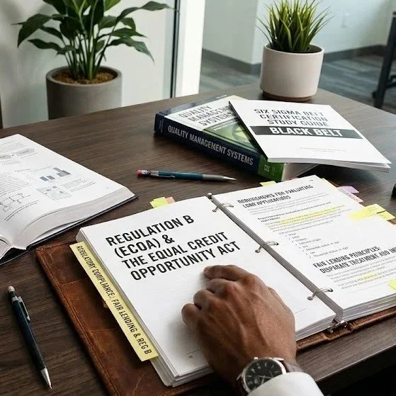 A person reading Regulation B from a binder with other books regarding Six Sigma also on the desk.