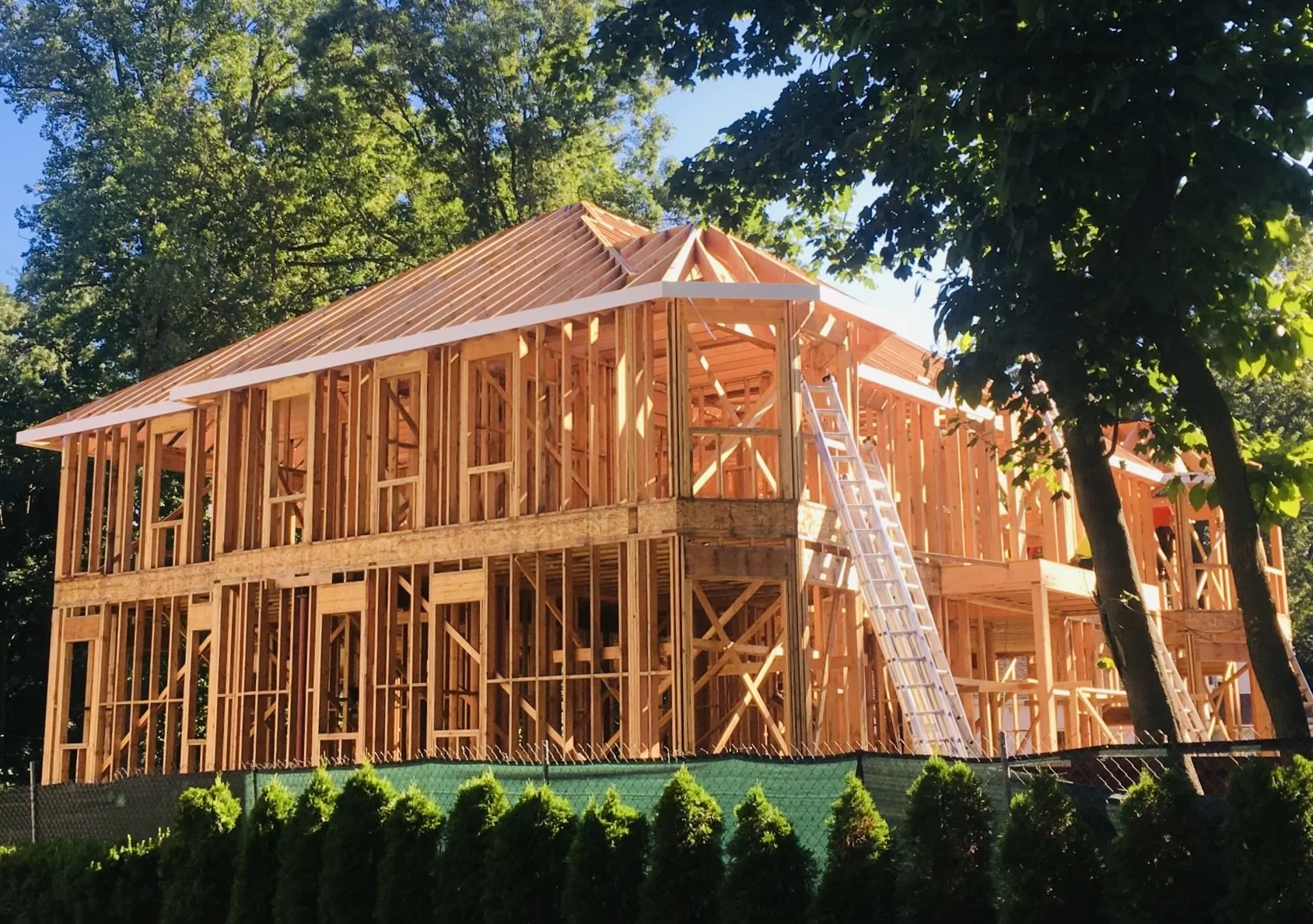 Framework of a house under construction in a wooded area with tall trees and a ladder leaning against the structure.