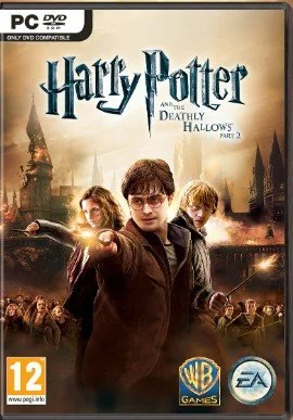 Cover art for Harry Potter and the Deathly Hallows Part 2 game, featuring Harry Potter holding a wand, with Hogwarts in the background, and other characters behind him.