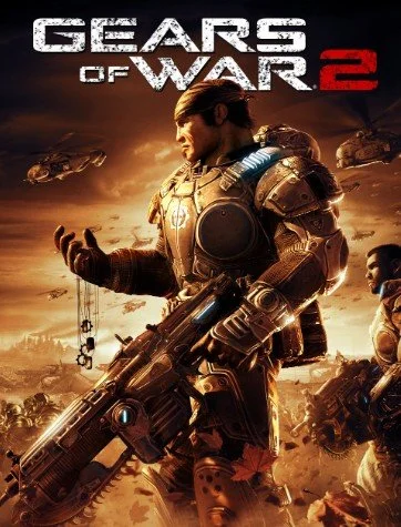 Cover art for Gears of War 2 featuring a soldier in advanced armor holding a large weapon, with a war-torn landscape and helicopters in the background.