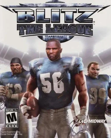 Video game cover art for Blitz: The League featuring three muscular football players in blue uniforms with helmets, one of whom is holding a football. The title "Blitz: The League" is displayed at the top.