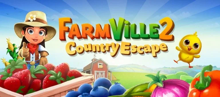 Colorful farm-themed game cover featuring a female character in a straw hat, a small yellow chick, strawberries, blueberries, onions, and peppers against a bright blue sky with the title 'FarmVille 2 Country Escape' in large, colorful letters.