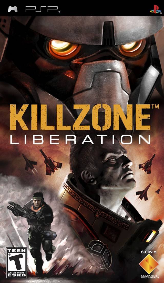 Cover art for PS2 game Killzone: Liberation featuring a large robotic face at the top, a serious soldier holding a weapon on the bottom left, a central figure with a determined expression, and several fighter jets in the background. The title "Killzo