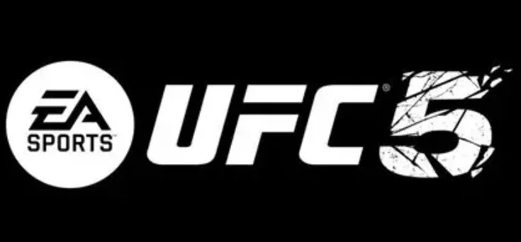 Logo of EA Sports UFC 5 with black background, featuring the EA Sports and UFC 5 logos, with a cracked or shattered design effect.