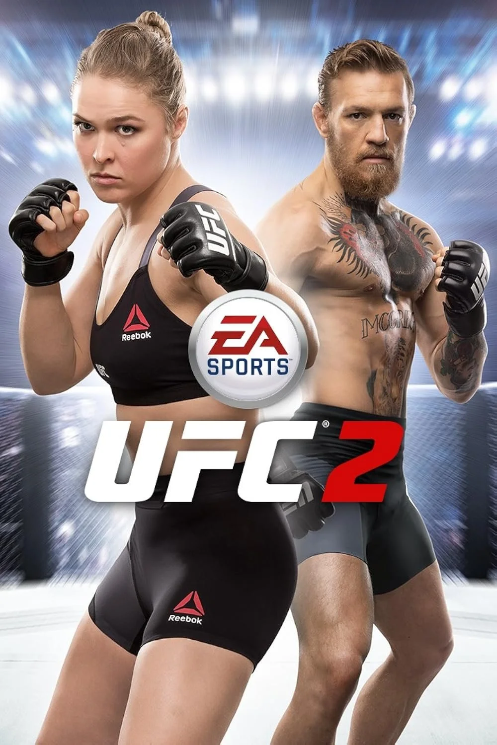 Posters of a female mixed martial artist and a male mixed martial artist, both in fighting stances, with UFC and EA Sports UFC 2 logos.