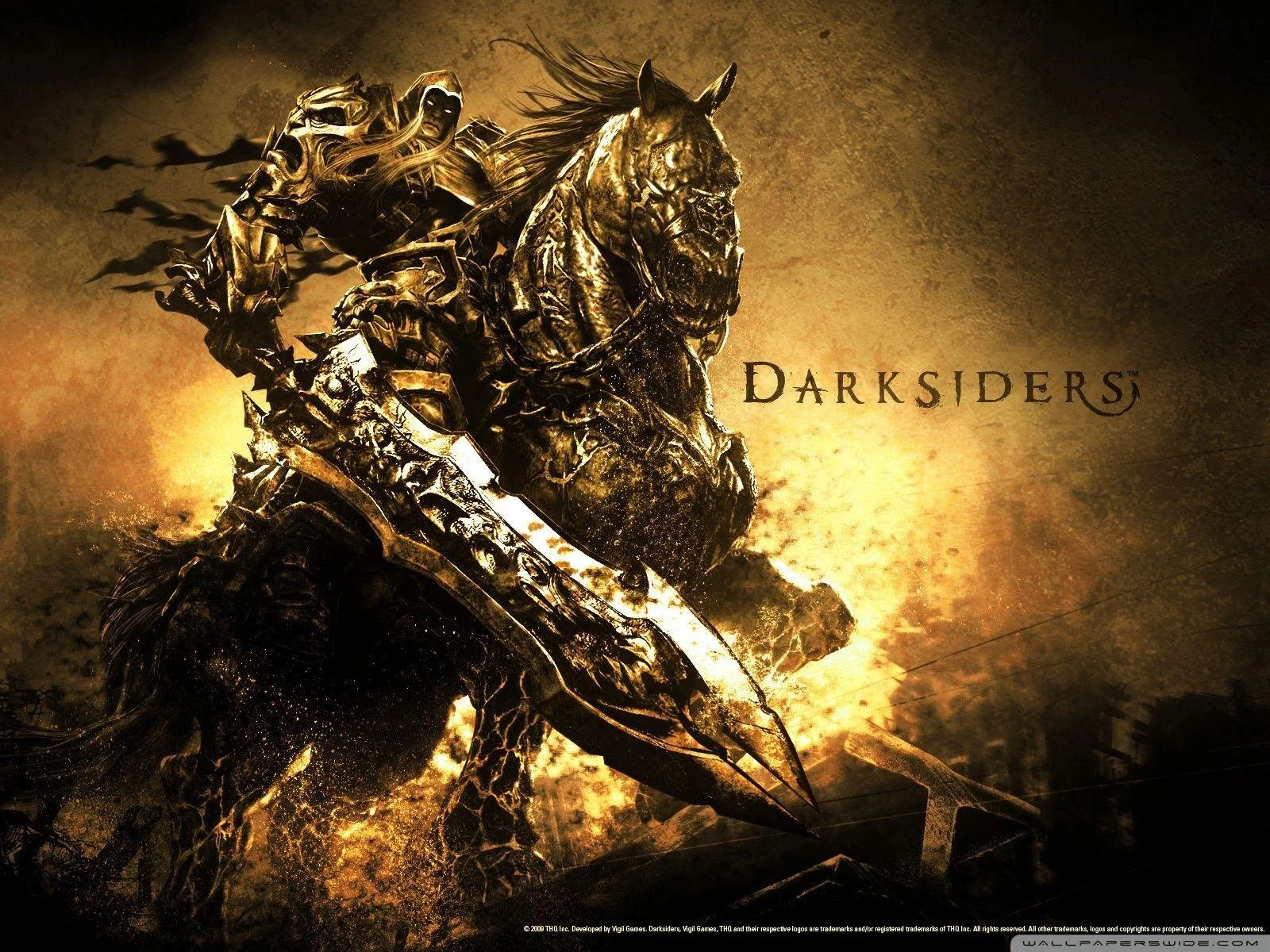 A dark, metallic armored knight riding a horse, holding a large sword, with the title 'DARKSIDERS' in the background.