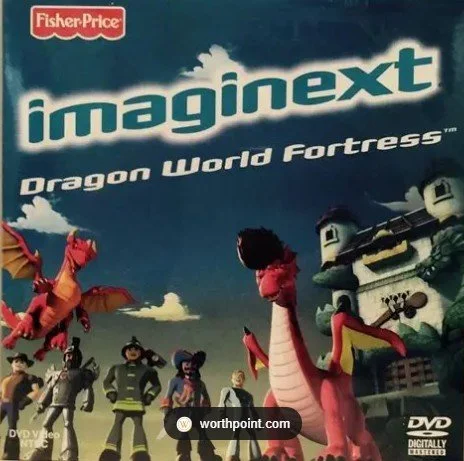 Cover of the DVD for Imagine Next: Dragon World Fortress by Fisher-Price. Features a cartoon castle with dragons and toy figures of various characters.