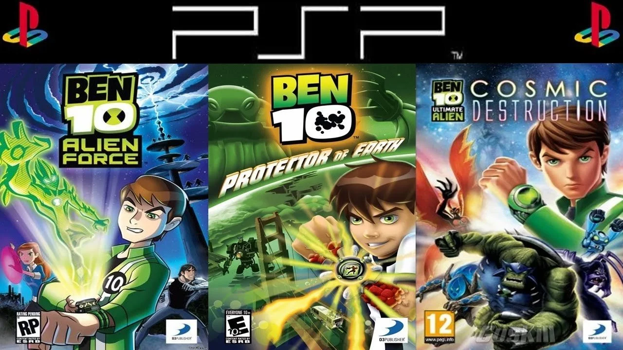 Collection of three video game covers featuring Ben 10 characters. The first cover shows Ben 10 Alien Force with a green alien and a teenage boy holding a device. The second cover features Ben 10 Protector of Earth with Ben 10 in action, surrounded b