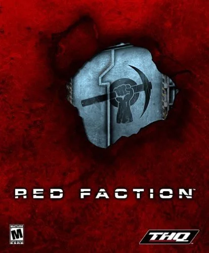 A vault door with a raised fist hitting a hammer symbol, viewed through a hole in a red wall, with the words 'Red Faction' and 'THQ' logo at the bottom.
