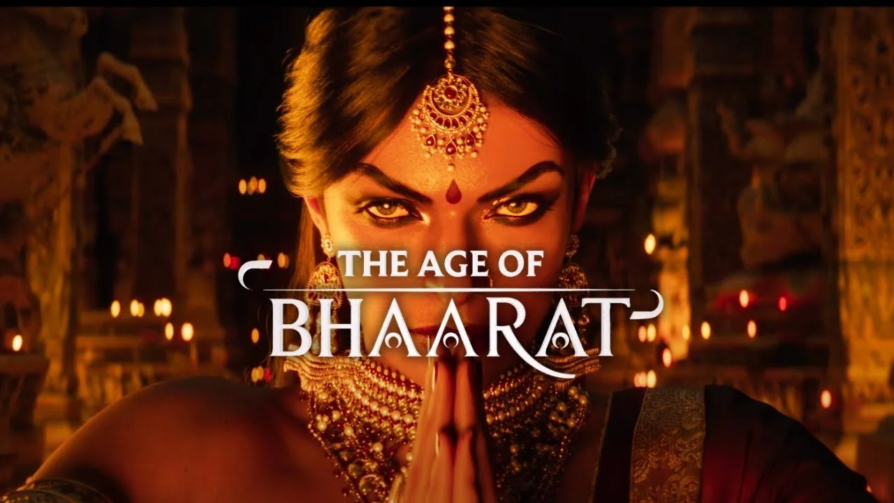A woman dressed in traditional Indian attire, adorned with intricate jewelry, has her hands pressed together in a namaste gesture, with the text 'The Age of Bharat' overlayed on the image. Candles and ornate decorations are visible in the background.