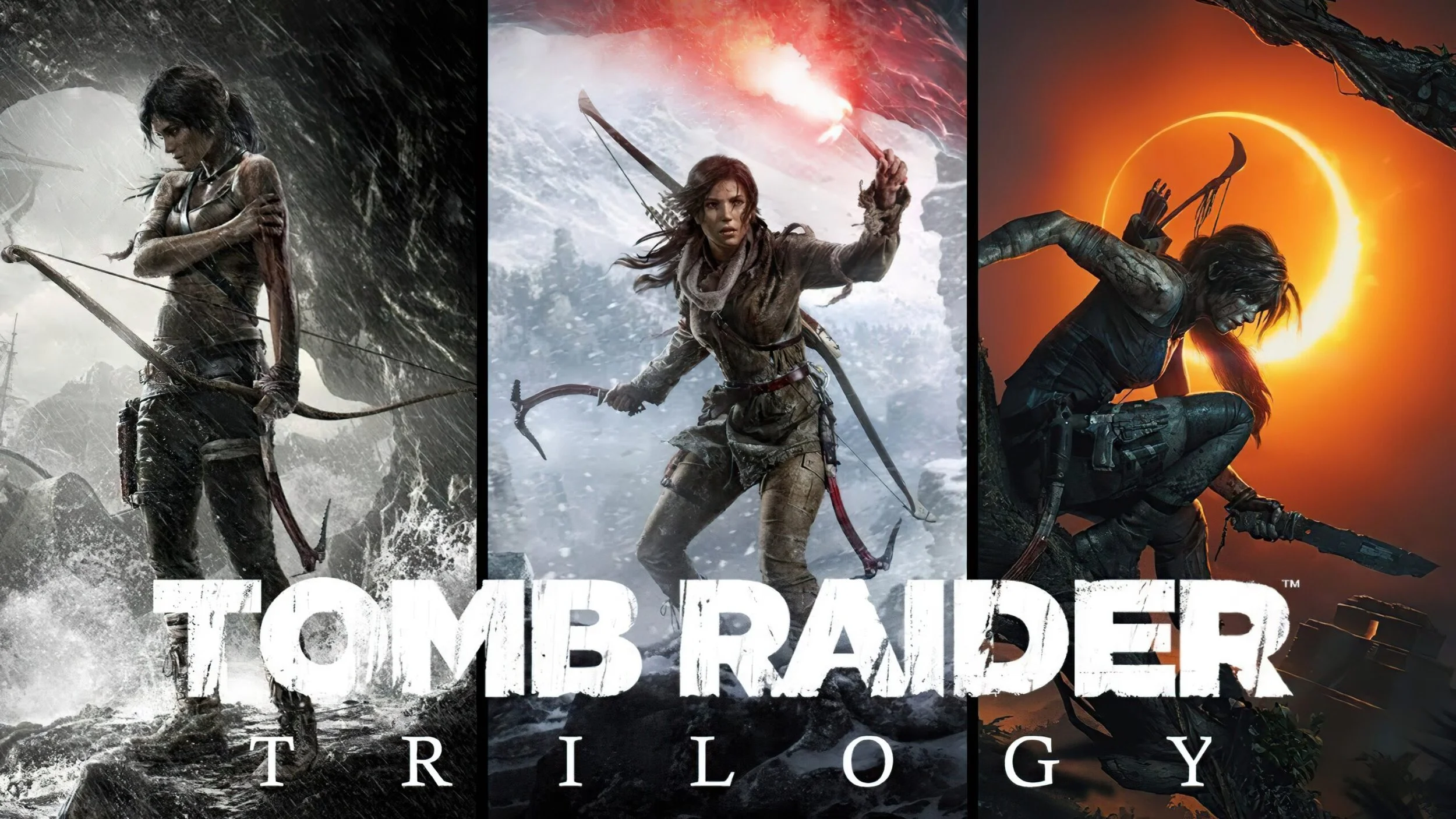 Cover image for the Tomb Raider trilogy featuring three different action scenes of Lara Croft: standing with a bow in rain, running through snow with a torch and bow, and crouching on a rock against an eclipse background.