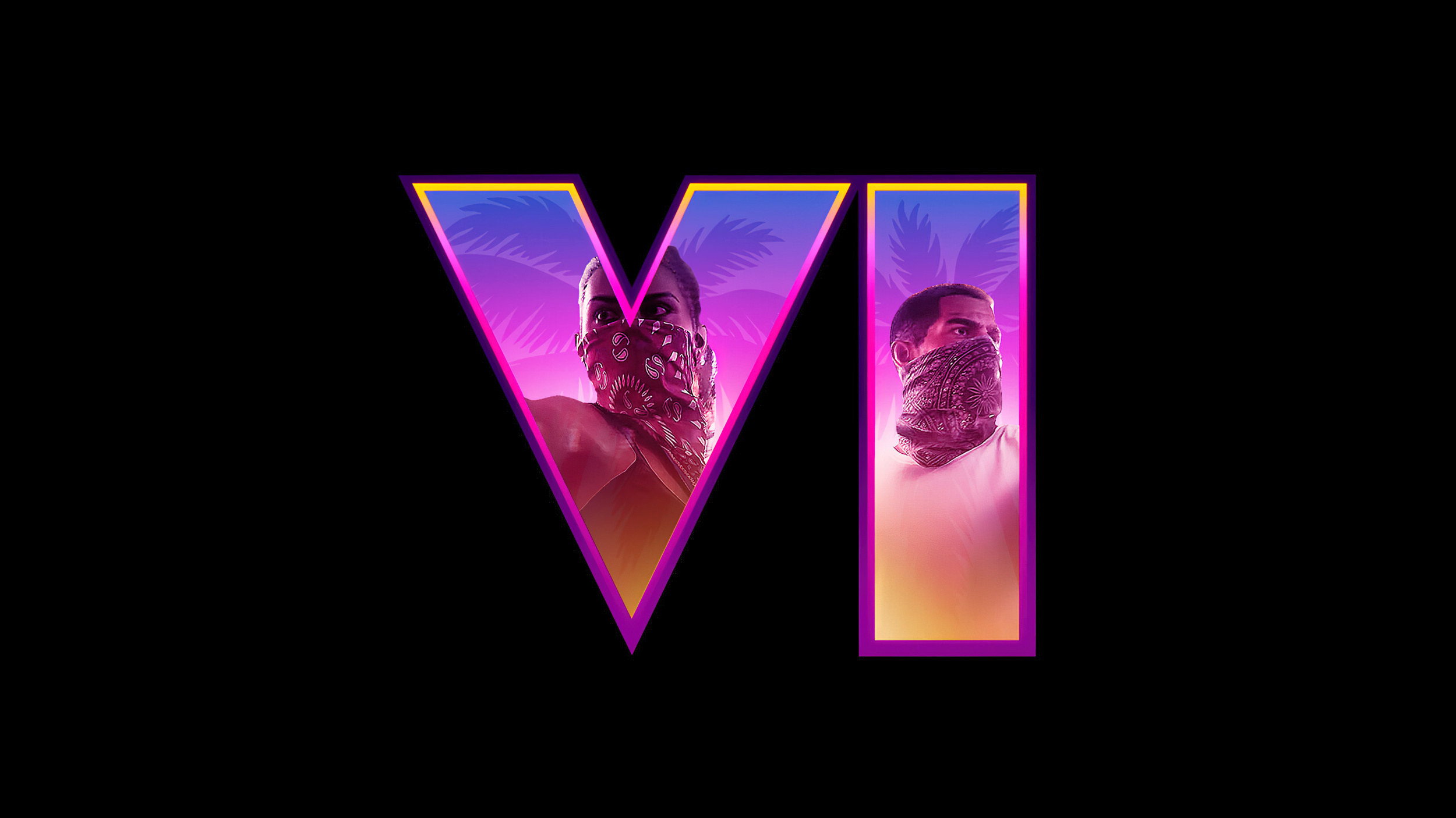 Colorful neon-style letter V with two men wearing bandanas over their faces inside the letter, set against a tropical background with palm trees.