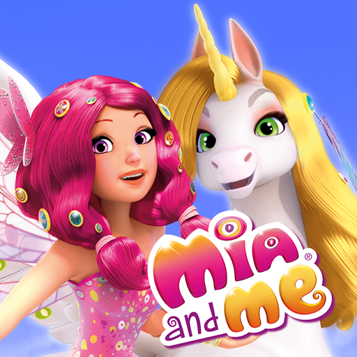 Animated character with pink hair and fairy wings alongside a unicorn with a yellow mane and horn, smiling, against a blue sky background, with the title "Mia and Me" in colorful letters.