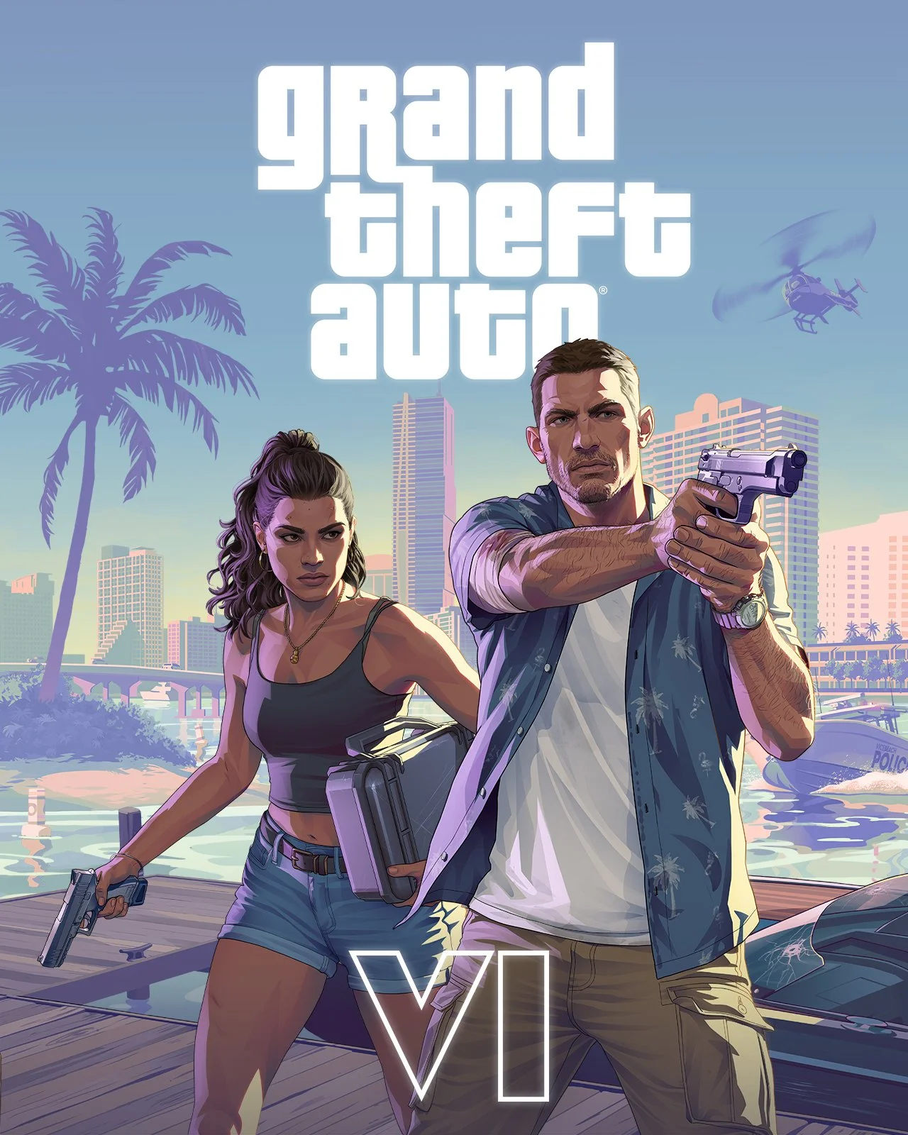 Video game cover for Grand Theft Auto VI, showing a man and a woman holding guns, with a city skyline, palm trees, helicopter, and boat in the background.