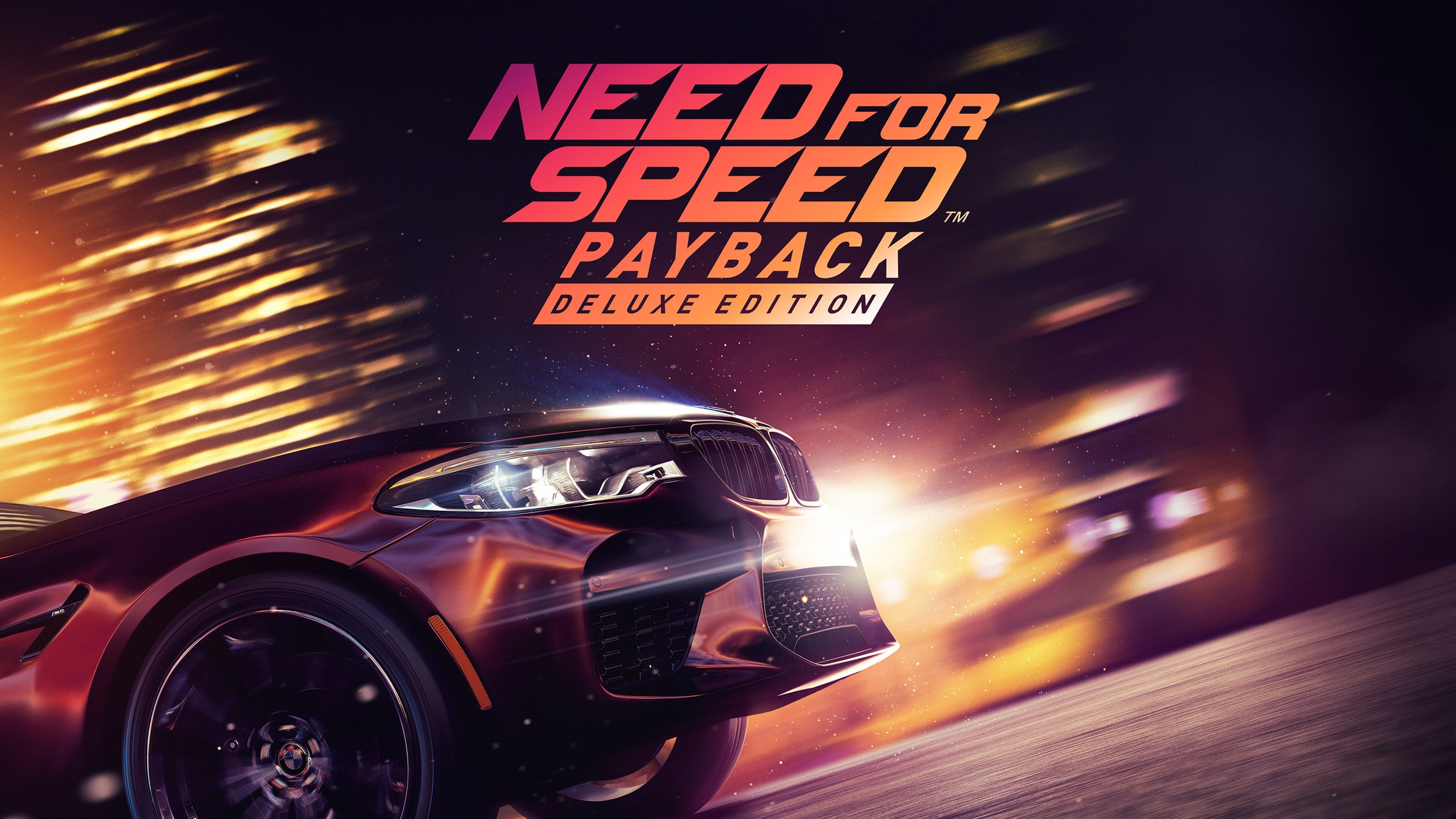 A sleek, black sports car speeding through a city at night with colorful light streaks in the background, featuring the text 'Need for Speed Payback Deluxe Edition'.