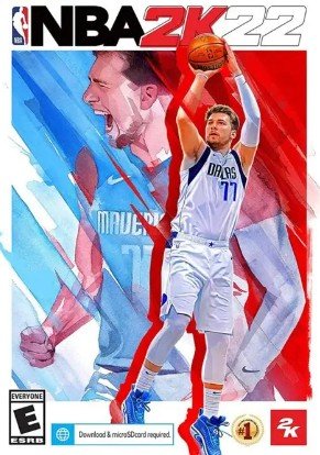 Cover art for NBA 2K22 featuring a basketball player in a Dallas Mavericks jersey with the number 77, holding a basketball and preparing to shoot. The background has a stylized, colorful design with a large, animated face of the player expressing exc