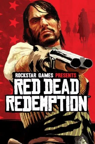 Artwork of a man with long dark hair and a beard holding a gun, with a red background and silhouettes of horses and riders. Text reads 'Rockstar Games Presents Red Dead Redemption'.