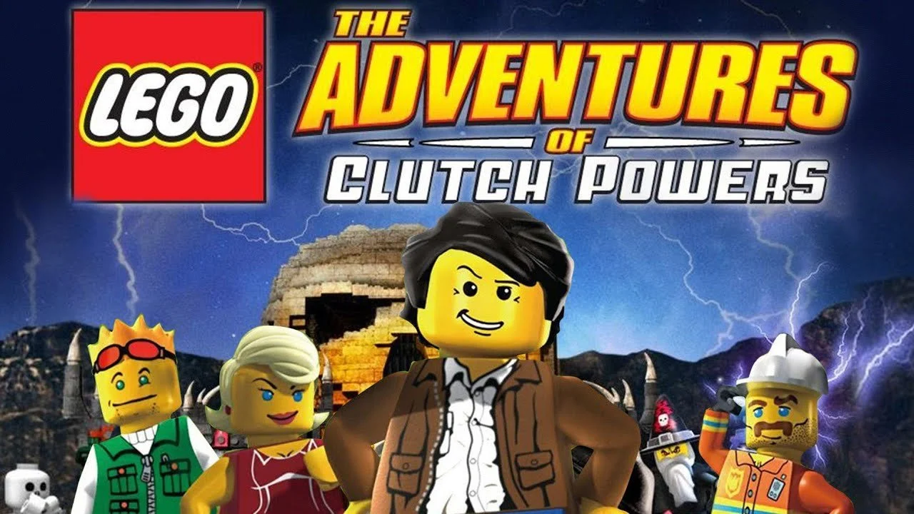LEGO scene titled 'The Adventures of Clutch Powers' featuring LEGO characters in front of a rocky landscape with lightning and mountains.