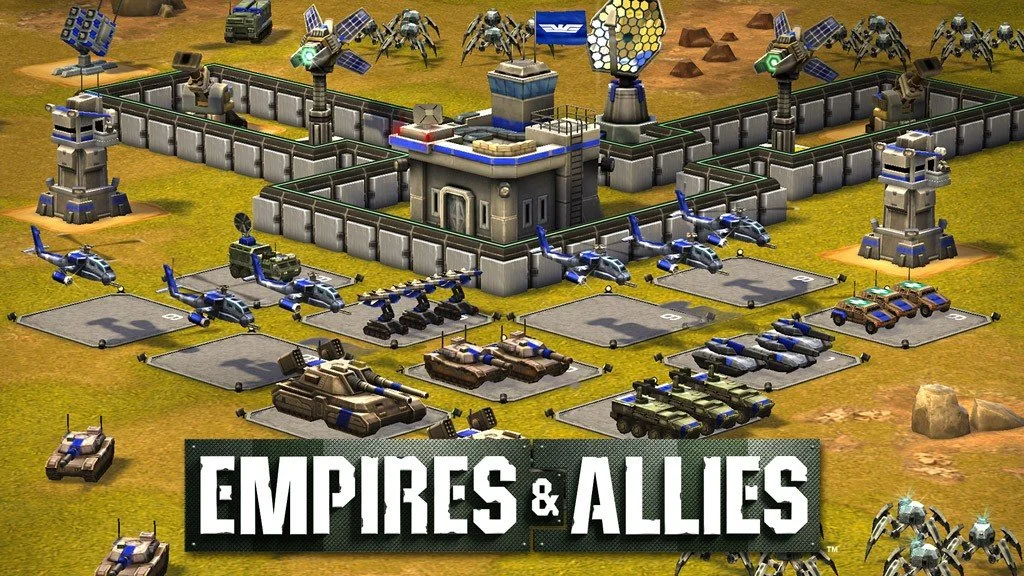 A base in the game Empires & Allies with military vehicles, robotic surveillance drones, and a fortified wall with defenses.