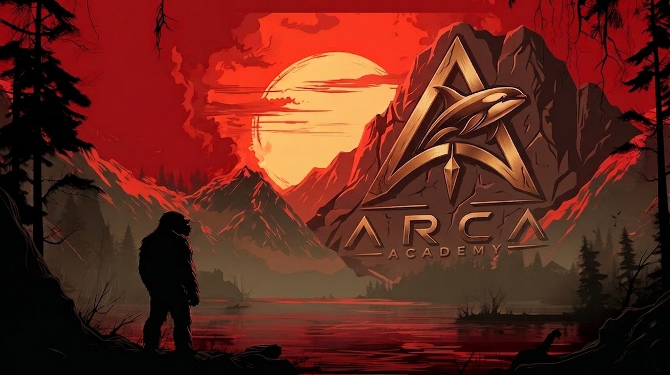 A silhouette of Bigfoot standing near water in a forested mountain landscape at sunset. The scene features a large sun setting behind mountains with a logo for ArcA Academy and a dolphin above it.