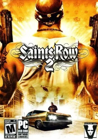 Cover art for the video game Saint's Row 2 showing a muscular man with tattoos, holding a gun, with a city street and car in the background.