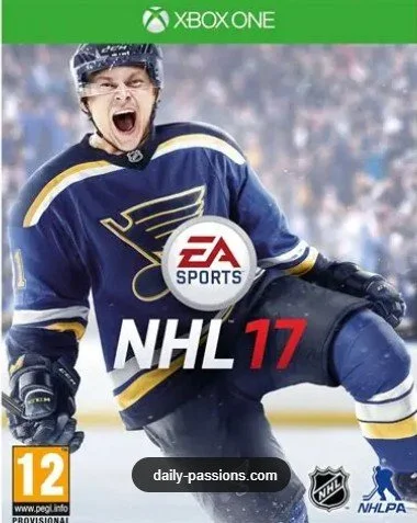 Cover art for the Xbox One game NHL 17 featuring a celebrating hockey player in a blue St. Louis Blues uniform on the ice with the EA Sports logo and NHL 17 title.