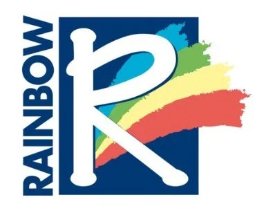 Rainbow logo with the word 'RAINBOW' vertically on the left and a large stylized letter 'R' with rainbow-colored brush strokes behind it.