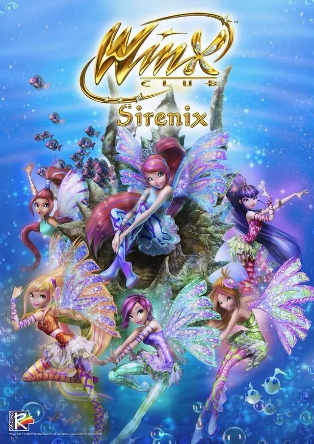 Illustration of six fairies with colorful wings around a large sea shell, with the title 'Winx Club Sirenix' at the top, set in an underwater scene with fish and bubbles.