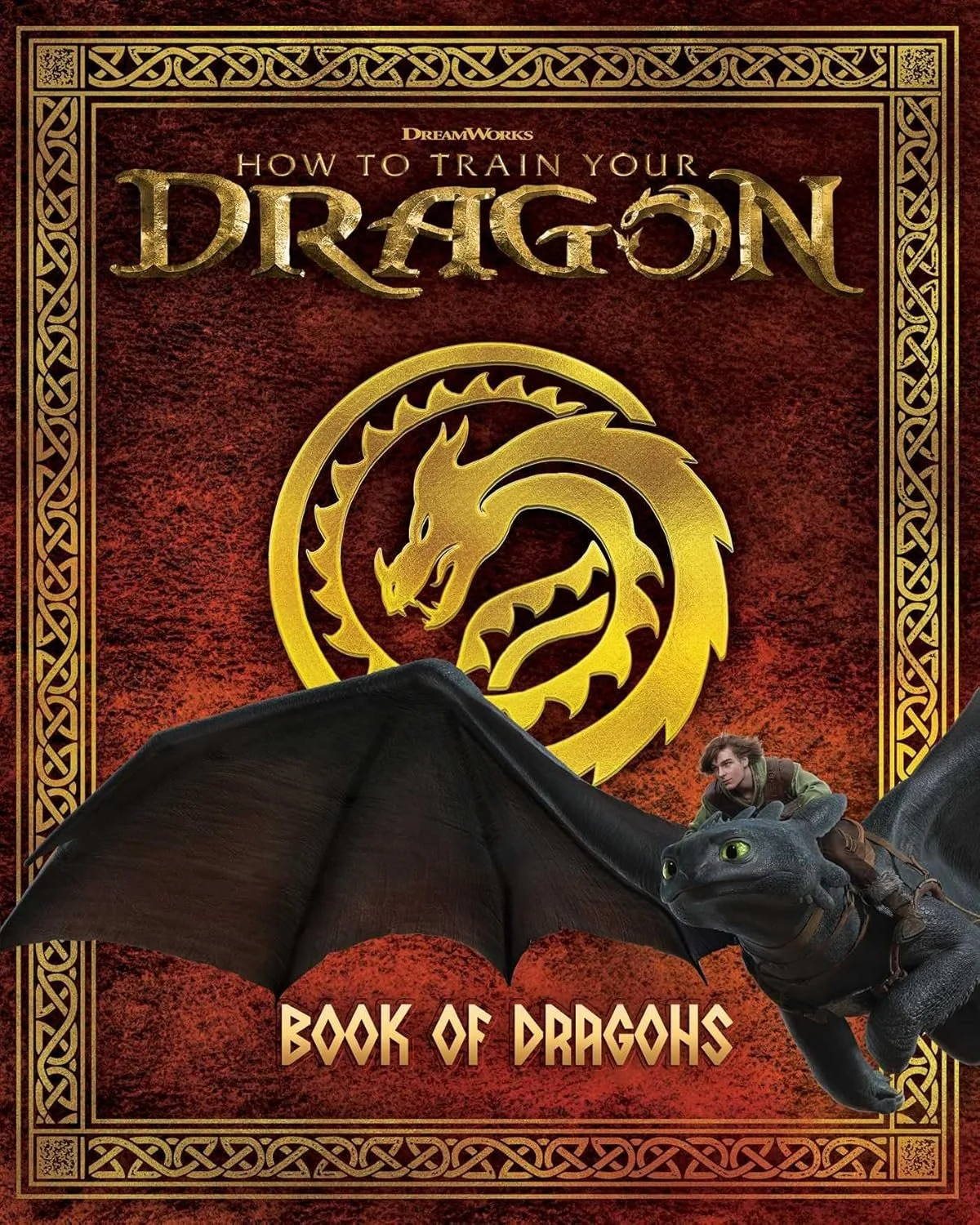Book cover titled "How to Train Your Dragon: Book of Dragons" with a red textured background, gold dragon emblem, and a cartoon dragon with a human rider in the foreground.