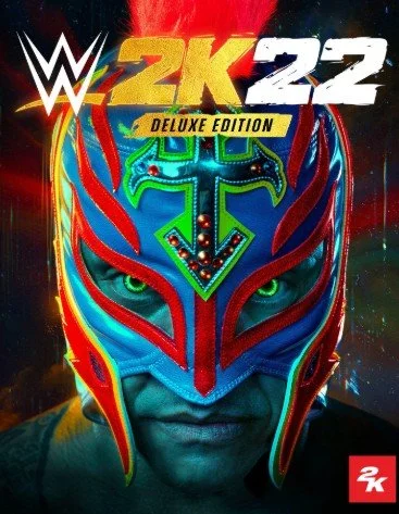 Cover art for WWE 2K22 Deluxe Edition video game, featuring a wrestler wearing a colorful mask with green eyes, set against a vibrant background with a classically styled O'Hara mask in the center.