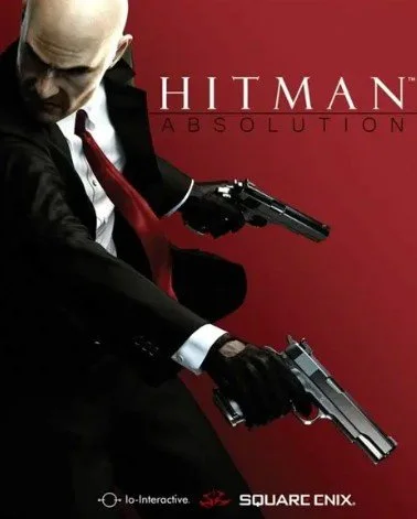 Cover art for the video game 'Hitman: Absolution', featuring a bald man in a black suit with a white shirt and red tie holding two guns against a red background.