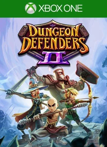 Cover art of Dungeon Defenders II for Xbox One showing four fantasy characters with weapons in a battle-ready pose, set against a magical icy background.