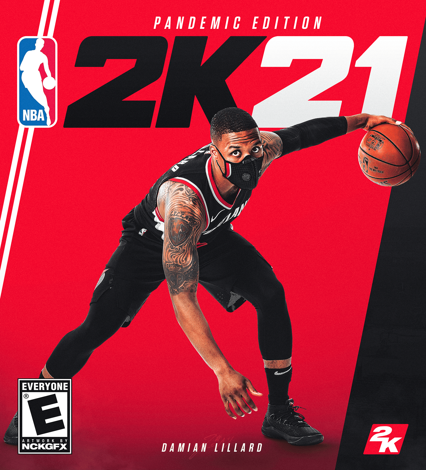 Cover art for the video game NBA 2K21 Pandemic Edition showing a basketball player in a black uniform with tattoos, wearing a face mask, performing a dribble move with a basketball against a red and black background. The cover includes the NBA logo, 