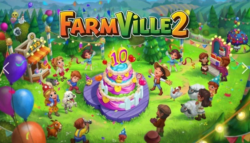 Celebration scene from the game FarmVille 2 featuring children and animals around a colorful birthday cake with a 10th anniversary number on top, surrounded by balloons and festive decorations.